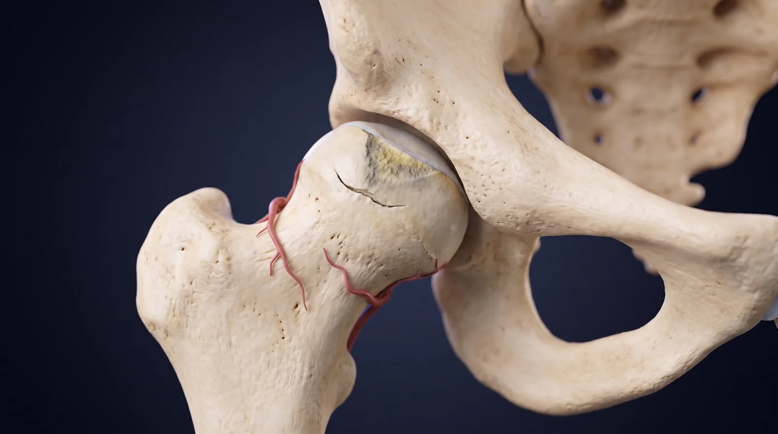 The hip joint with avascular necrosis: an area of dead bone and a crescent-shaped crack under the surface of the ball of the hip — Illustrative image