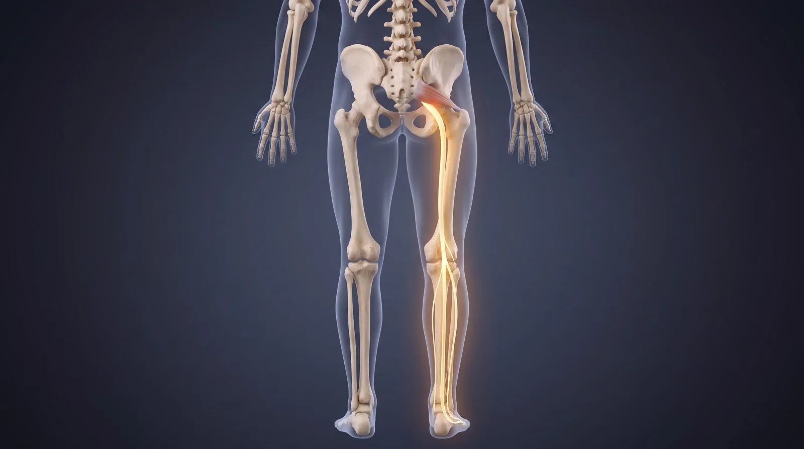 The sciatic nerve running from the lower back through the buttock and down the back of the leg — Illustrative image